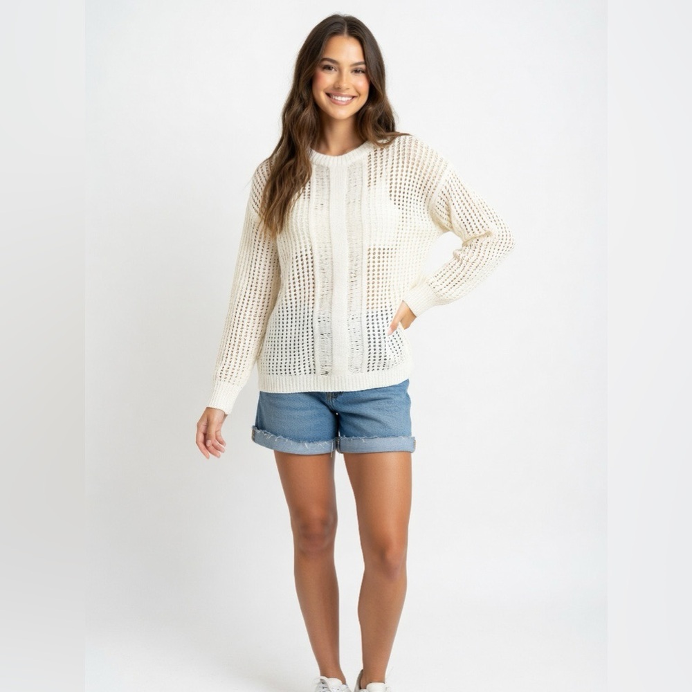 Vince Camuto Cream Open-Knit Crewneck Sweater